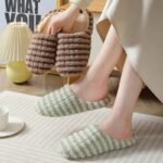 Women'S Warm Plush Striped Print House Slippers, Slip-On Round Toe Anti-Slip Soft Sole Casual Home Slides, Women'S Indoor Flat Shoes - Image 2