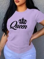 Crown Letter Print Crew Neck T-Shirt, Casual Short Sleeve T-Shirt For Spring & Summer, Women'S Clothing - Image 2