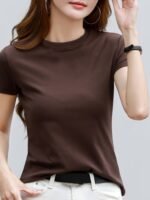 Weka Korean Crew Neck T-Shirt - Solid Color, Medium Stretch, Regular Sleeve, Spring/Summer/Fall, Knit Fabric, Polyester, 180G/M? - Image 3