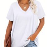 Plus Size, Plus Size Women'S V-Neck Short Sleeve T-Shirt - Elegant Casual Chic White Top, Soft Breathable Fabric, Machine Washable, All-Season Versatile Wardrobe Staple, Everyday Comfort, Vneck Tee, Relaxed Fit Shirt