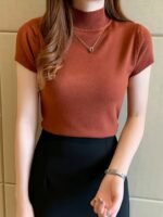 New Style Knitted Versatile Design Half-High Collar Short Sleeve Thin Pullover - Image 4