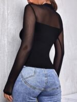 Mesh Panel Mock Neck T-Shirt, Casual Long Sleeve Top, Women'S Clothing - Image 2