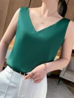 Velvet Boat Women?S Sleeveless V-Neck Tank Top - Soft Satin Finish, Loose Fit For Summer Layering, Lightweight & Breathable Polyester Blend, Elegant Solid Color Design, Breathable Clothing | Sleeveless Fashion | Satin Finish Top - Image 6
