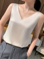 Velvet Boat Women?S Sleeveless V-Neck Tank Top - Soft Satin Finish, Loose Fit For Summer Layering, Lightweight & Breathable Polyester Blend, Elegant Solid Color Design, Breathable Clothing | Sleeveless Fashion | Satin Finish Top - Image 4