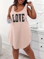 Women'S Plus Size Light Blue "Love" Print Tank Sleep Dress - Casual, Comfortable Polyester Blend Nightgown With Shoulder Cut-Outs For Summer, Romantic Summer Dress | Sleeveless Sleepwear | Polyester Blend Fabric