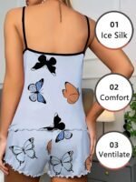 Women'S Butterfly Print Pajama Set - Comfy Polyester, Sleeveless Cami & Elastic Shorts With Lettuce Trim, Sexy Summer Sleepwear - Image 2
