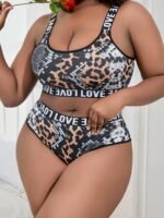 Plus Size Leopard Print Lingerie Set - Sexy Strapless Bra & High-Waisted Panties With "Love" Text, Stretchy Polyester Blend, Black & Brown Camouflage Pattern, Perfect For Adults, Adult Lingerie|Bold Pattern Lingerie|Stretchy Fabric - Image 4
