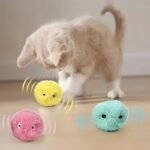Petgravity Interactive Cat Plush Toy Ball With Squeaky Sound & Motion - Fluffy Fuzzy Soft Training Ball With Expressive Eyes, Multi-Color Options (Pink, Yellow, Blue) -- Safe For All Cat Breeds & Sizes, Indoor Play