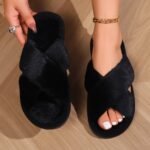 Women'S Plush Cross-Strap Slip-On Slippers With Non-Slip Eva Sole - All-Season Indoor/Outdoor House Shoes For Home, Postpartum & Casual Wear (Pink/White/Black/Lavender), Ladies Slippers, Soft Plush Design, Fabric Upper And Insole - Image 5