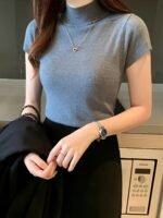 New Style Knitted Versatile Design Half-High Collar Short Sleeve Thin Pullover - Image 7