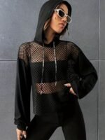 Y2K Style Hooded Mesh Long Sleeve T-Shirt, Summer Knit Fabric Top With Contrast Mesh Detail, Polyester And Spandex Blend, Regular Length Solid Color Tee - Image 5