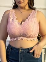 Plus Size Elegant Bra, Women'S Plus Contrast Floral Lace Scalloped Trim High Stretch Wide Strap Bralette - Image 7