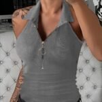 Women'S Sexy Slim Fit Zip-Up Sleeveless Tank Top - Black Stretchy Polyester-Spandex Blend, Stand-Up Collar With Zipper Detail, Lightweight 180Gsm Summer Casual Shirt, Hand Wash Only