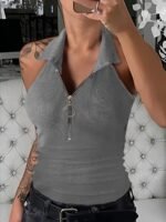 Women'S Sexy Slim Fit Zip-Up Sleeveless Tank Top - Black Stretchy Polyester-Spandex Blend, Stand-Up Collar With Zipper Detail, Lightweight 180Gsm Summer Casual Shirt, Hand Wash Only