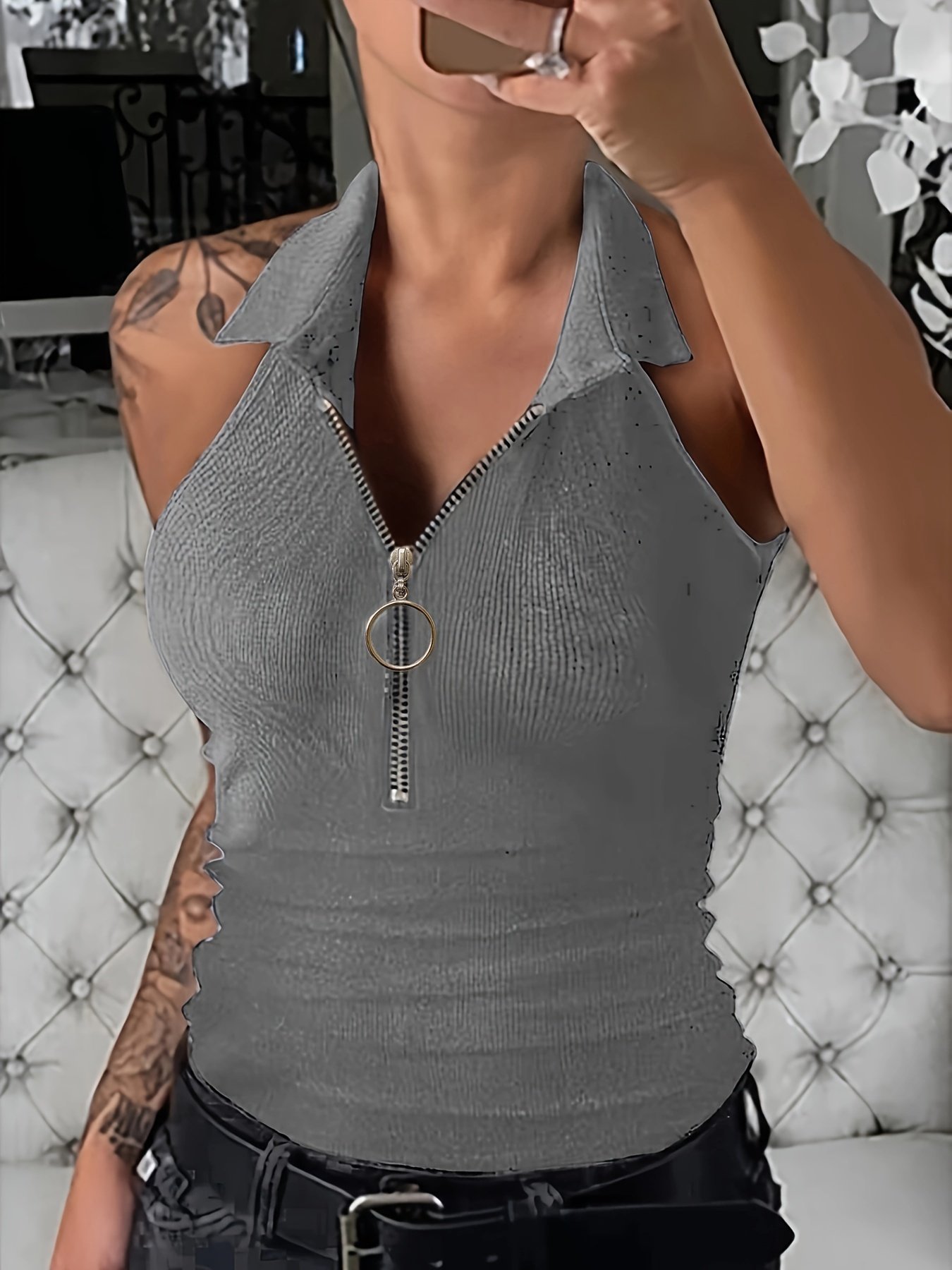 product-Fancyalgo-VirtualModelMatting-cee5e3348df88f8f075479017de4d486.jpg Women'S Sexy Slim Fit Zip-Up Sleeveless Tank Top - Black Stretchy Polyester-Spandex Blend, Stand-Up Collar With Zipper Detail, Lightweight 180Gsm Summer Casual Shirt, Hand Wash Only - Image 1