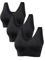 3Pcs Women'S Plus Size Black Sports Bras - Wireless, Padded, Full Coverage, Nylon Blend, Medium Support For Running, Yoga & Workouts, Yoga Apparel | Sleek Design | Comfort Fit, Workout Accessories - Image 3