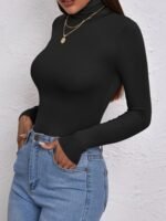 Women'S High-Neck Long Sleeve Crop Top - Stretchy Black Polyester Blend, Casual Chic Fit With Button Detail, Perfect For Fall/Winter, Casual Chic Top|Minimalist Style|Polyester Blend - Image 2