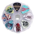 50Pcs Electric Guitar Pick Variety Pack - 0.46, 0.71 & 1.0Mm Thickness - Pvc Material - Cartoon Skull & Wood Grain - 8 Grid Storage Box - Musical Instrument Accessories