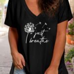 Plus Size Casual T-Shirt, Women'S Plus Dandelion & Slogan Print Short Sleeve V Neck Slight Stretch T-Shirt