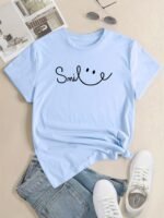 Plus Size Face Print Short Sleeve T-Shirt, Women'S Plus Slight Stretch Round Neck Casual Tee - Image 4