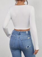 Women'S Sexy Boat Neck Crop Top Long Sleeve High Elasticity Slim Fit Solid Color All-Season Versatile Casual To Evening Wear, Sensual Women'S Wear, Smooth Texture Cloth - Image 9