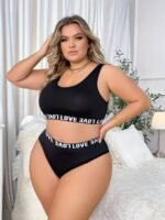 Women'S Plus Size Lingerie Set - Black High-Neck Crop Top With Bold "Love" Print, Stretchy & Form-Fitting, Perfect For Adult Casual Attire, Intimate Apparel | Formfitting Design | Stretchy Fabric - Image 5