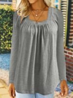 Women'S Elegant Square Neck Long Sleeve Blouse - Solid Green Summer Top With Vertical Pleats, Machine Washable Casual Chic Shirt For Office & Social Events, Nontransparent Fabric - Image 5