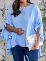 Plus Size Ruffle Sleeve Blouse, Casual Crew Neck Asymmetrical Hem Blouse For Spring, Women'S Plus Size?Clothing