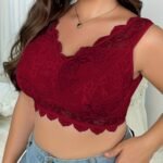 Plus Size Elegant Bra, Women'S Plus Contrast Floral Lace Scalloped Trim High Stretch Wide Strap Bralette
