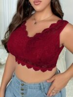 Plus Size Elegant Bra, Women'S Plus Contrast Floral Lace Scalloped Trim High Stretch Wide Strap Bralette