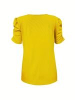 Solid Ribbed V Neck T-Shirt, Casual Puff Sleeve T-Shirt For Spring & Summer, Women'S Clothing - Image 7