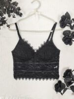 Floral Lace Push Up Cami Coeset, Contrast Mesh Hollow Out Crop Top Bra, Women'S Lingerie & Underwear