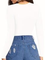 Solid Crew Neck Skinny Bodysuit, Casual Long Sleeve Bodysuit, Women'S Clothing - Image 8