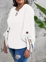 Plus Size Casual Top, Women'S Plus Solid Lantern Sleeve Round Neck Round Hem Knot Tunic Top - Image 6