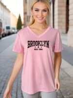 Women'S Casual V-Neck T-Shirt With Brooklyn New York Letter Print - Vibrant Pink & Black Graphic, Short Sleeve Regular Fit, Machine Washable For Spring Summer Fall, Ladies T Shirts, Casual Attire, Durable Fabric - Image 5