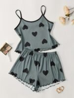 Summer Women'S Suspender Shorts Black Heart Print Pajama Set - Image 3