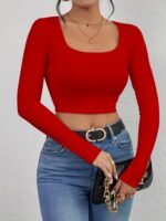 Women'S Sexy Boat Neck Crop Top Long Sleeve High Elasticity Slim Fit Solid Color All-Season Versatile Casual To Evening Wear, Sensual Women'S Wear, Smooth Texture Cloth - Image 5