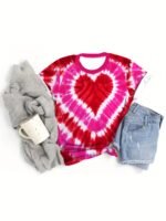 Heart Print Crew Neck T-Shirt, Casual Short Sleeve Top For Spring & Summer, Women'S Clothing - Image 3