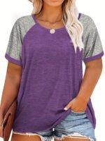 Plus Size Women'S Summer Casual Raglan Color Block T-Shirt - Teal & Heather Grey Short Sleeve Loose Fit Tee, Breathable Round Neck Top For Casual Attire, Ladies T Shirts, Smooth Texture Shirt, Soft Fabric Tee - Image 3