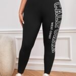 Plus Size, Women'S California West Coast Letter Print Leggings - Tight-Fit Casual Pants, Black With White Lettering, Spring/Fall Machine Washable, Leggings, Casual Attire, Snug Fitting, Lounge Pants, Trendy Pants, Durable Fabric, Enthusiasts