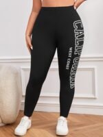 Plus Size, Women'S California West Coast Letter Print Leggings - Tight-Fit Casual Pants, Black With White Lettering, Spring/Fall Machine Washable, Leggings, Casual Attire, Snug Fitting, Lounge Pants, Trendy Pants, Durable Fabric, Enthusiasts