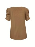 Solid Ribbed V Neck T-Shirt, Casual Puff Sleeve T-Shirt For Spring & Summer, Women'S Clothing - Image 6