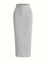 Solid Color Ribbed Bodycon Skirt, Casual High Waist Slim Below Knee Skirt, Women'S Clothing