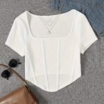 Solid Color Square Neck Bustier T-Shirt, Casual Short Sleeve Crop Knitted T-Shirt For Summer, Women'S Clothing