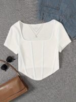 Solid Color Square Neck Bustier T-Shirt, Casual Short Sleeve Crop Knitted T-Shirt For Summer, Women'S Clothing