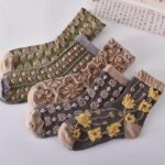 5-Pack Women'S Mid-Calf Socks - Embossed Floral & Lace Design, Breathable Ribbed Cuffs, Assorted Colors (Olive Green, Grey, Black, Brown, Navy) For Casual & Dressy Occasions - Image 2