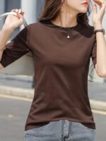 Women'S Elegant Solid Color T-Shirt - Soft Pink Crew Neck Short Sleeve Top, Perfect For Summer Fashion, Everyday Tshirt | Versatile Top | Comfortable Fit - Image 9