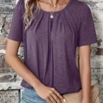 Women'S Elegant Summer Casual Short Sleeve T-Shirt - Solid Color Round Neck Blouse With Ruching Detail, Machine Washable Regular Fit Top For Casual Attire, Short Sleeve Blouse, Soft Fabric Tee