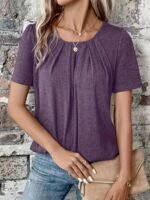 Women'S Elegant Summer Casual Short Sleeve T-Shirt - Solid Color Round Neck Blouse With Ruching Detail, Machine Washable Regular Fit Top For Casual Attire, Short Sleeve Blouse, Soft Fabric Tee