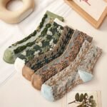 5 Pairs Of Women'S Mid-Calf Socks With A Vintage 3D Embossed Design, Cute Forest Style, Artistic, Trendy Long Socks Popular On Instagram.